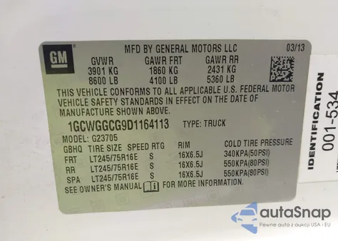 2013 Chevrolet Express 2500 Work Van из США, поврежденный, VIN 1GCWGGCG9D1164113